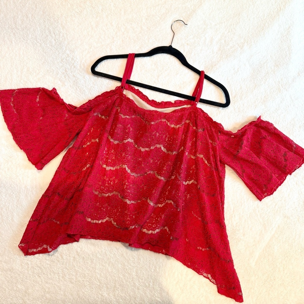 Red Ruffled Lace Bell Sleeve Top - Picture 2 of 4